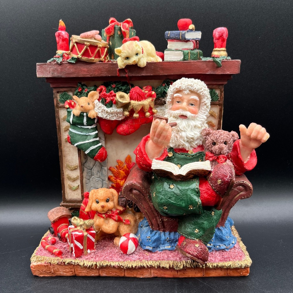 Santa Claus by Fireplace Resin Figurine Christmas Decor Sculpture 7" x 8" As Is
